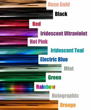 Collection of reflective foil rolls in rose gold, black, red, iridescent, hot pink, electric blue, mint, green, rainbow, holographic and orange