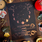 A flat-lay of a black astrology print featuring the Aquarius zodiac sign in rose gold foil, surrounded by mystical props like a candle, brass candlestick, keys, crystals, and dried leaves on a dark wooden table.