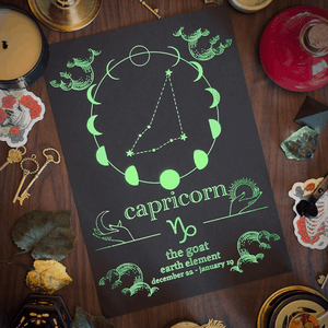 A flat-lay of a black card featuring a green astrological chart for Capricorn, surrounded by mystical props like a candle, keys, crystals, and a red glass bottle on a dark wooden table.