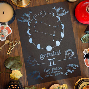 A Gemini astrology print or card laid flat on a wooden table, surrounded by candles, keys, crystals, leaves, and small decorative objects. The central printed piece is dark brown with pale blue celestial line art and text reading 'gemini the twins may 21 - june 21'.