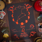 A square black card or print featuring orange astrological illustrations and text for Leo, including moon phases, a lion silhouette, and the phrase 'the lion fire element' on a dark wood surface surrounded by decorative props.