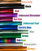Collection of reflective foil rolls in rose gold, black, red, iridescent, hot pink, electric blue, mint, green, rainbow, holographic and orange