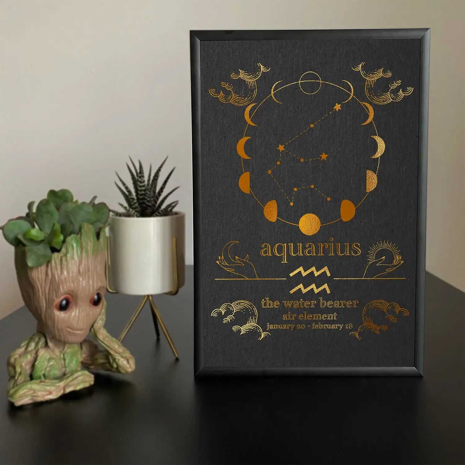 Aquarius zodiac art print with gold moon phases and constellation, air element design for home decor