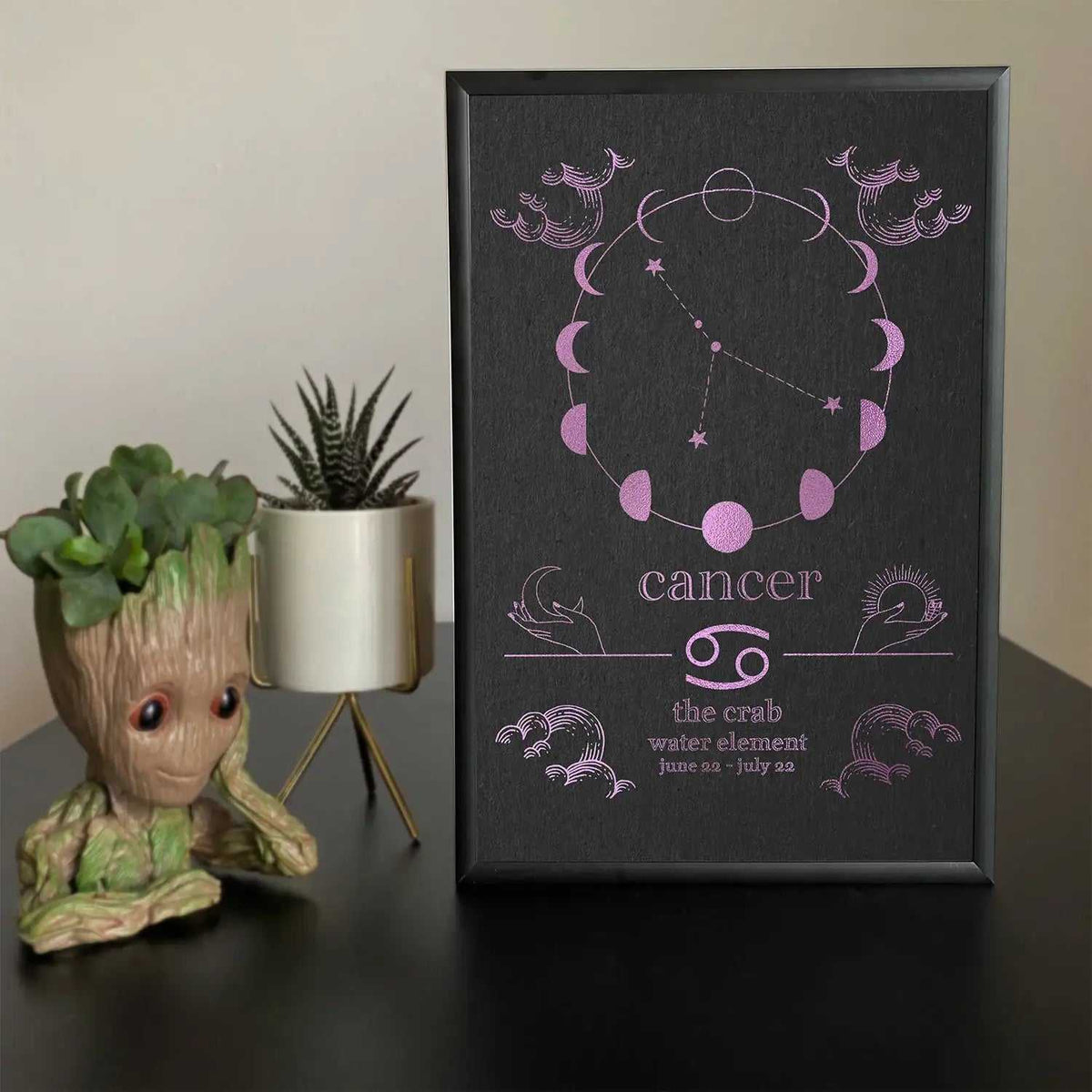 Cancer zodiac art print with moon phases, water element, and crab symbol in purple on black frame