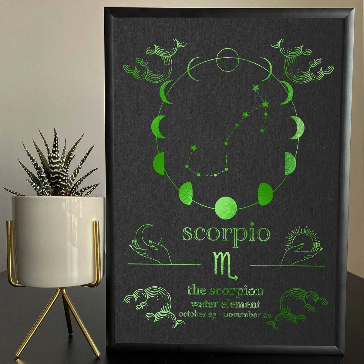 Scorpio zodiac art print with moon phases, constellation, and water element design in green on black