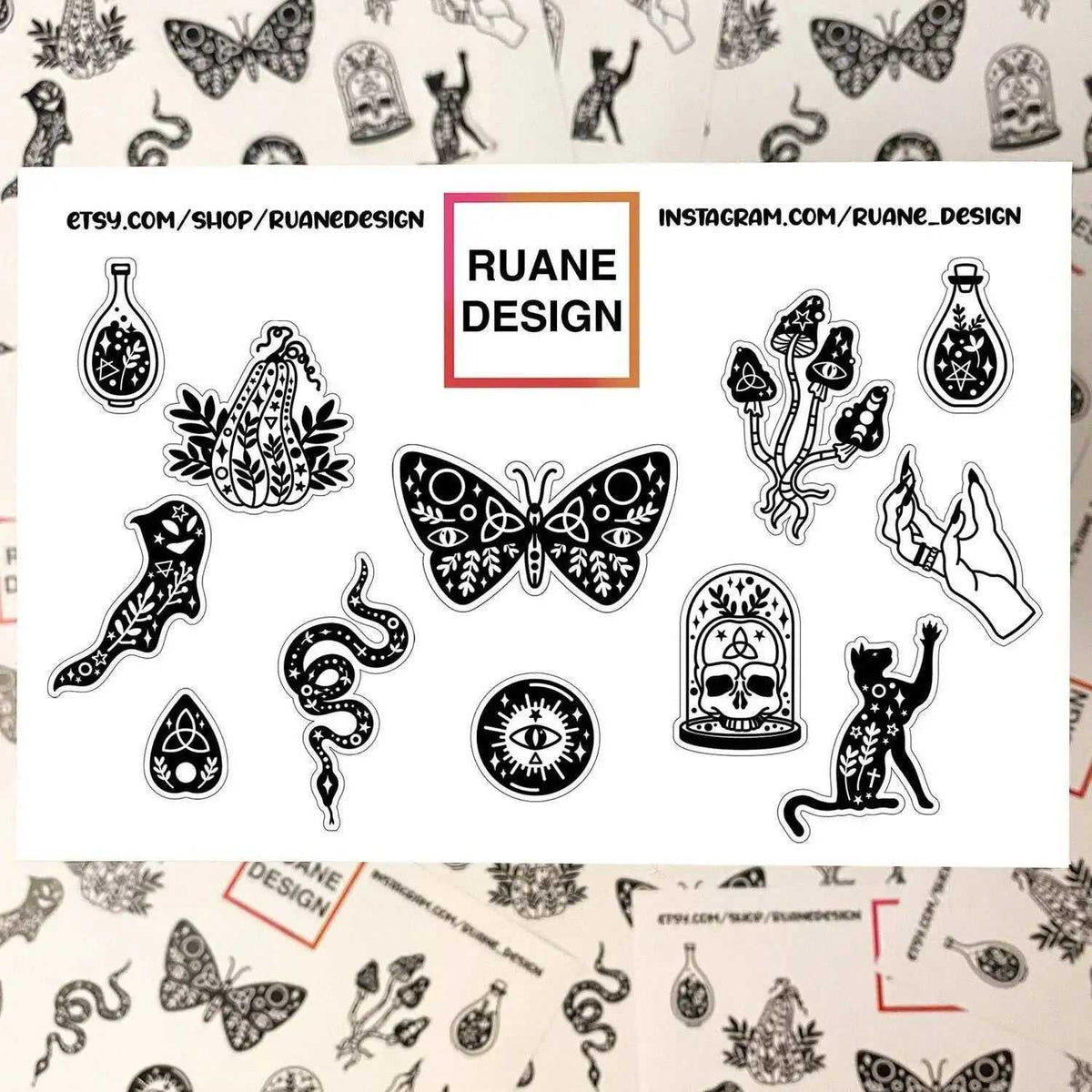 Mystical black and white stickers featuring butterflies, snakes, skulls, and occult symbols for creative design.