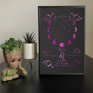 Leo zodiac constellation art print with pink moon phases and fire element details, framed wall decor