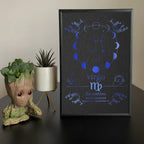 Virgo zodiac art print with moon phases, constellation, and earth element details in blue on black background