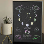 Virgo zodiac art print with moon phases, constellation, and holographic details for astrology decor