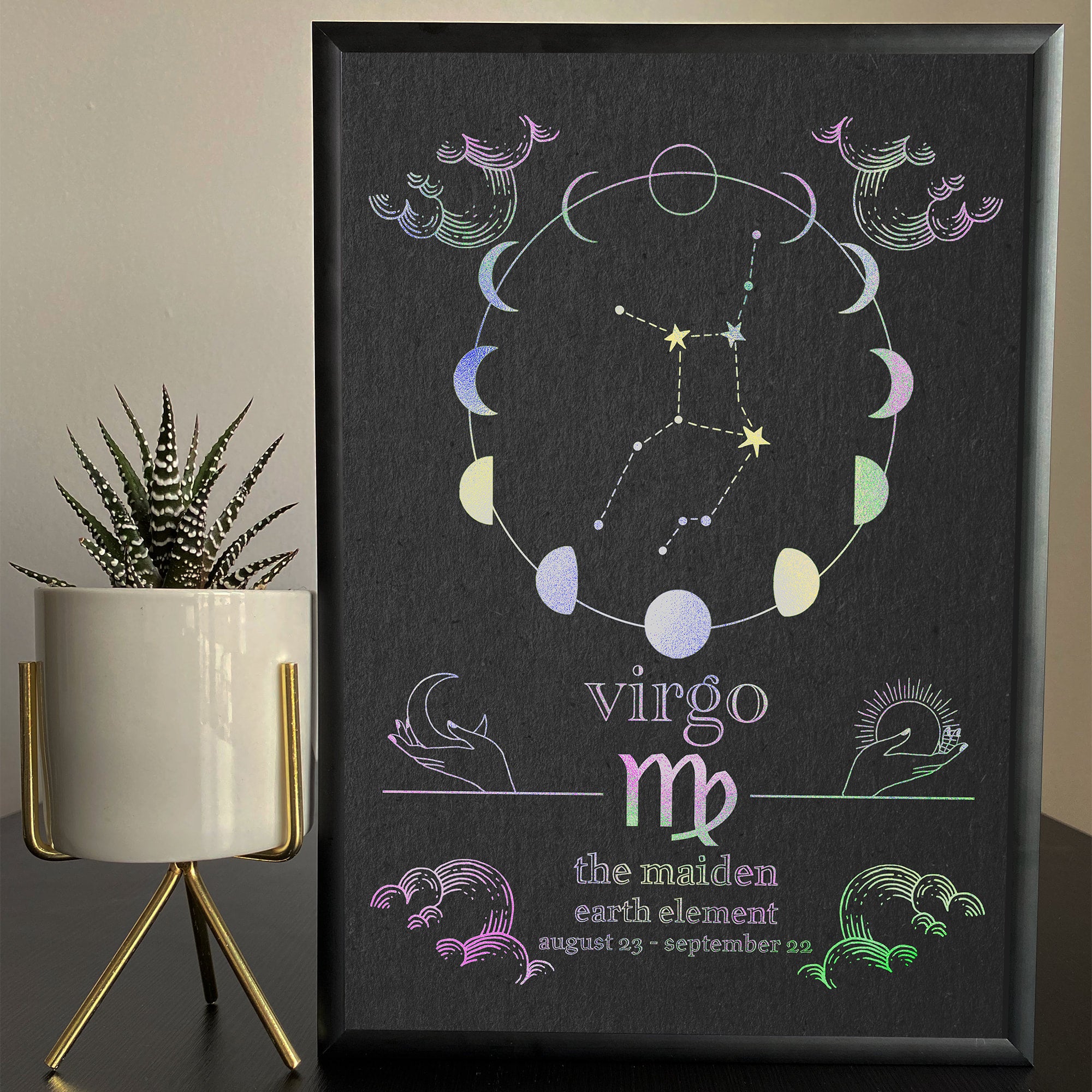 A framed Virgo Star Sign Foil Print featuring the constellation Virgo with a lustrous foil finish, displayed on a dark background. The print includes details such as the name 'Virgo', the symbol, and the dates 'August 23 - September 22'.