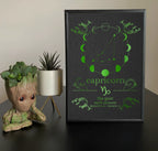 Framed Capricorn zodiac print with green foil design, featuring moon phases and constellation, displayed beside a Groot planter.