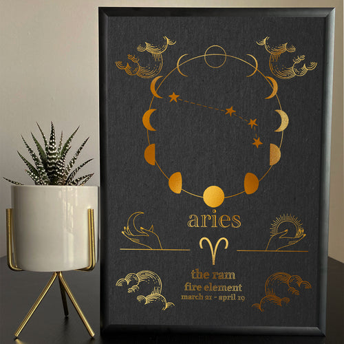 A framed Aries zodiac-themed artwork with a foil finish, featuring the constellation and attributes of the Aries sign, displayed next to a potted plant.