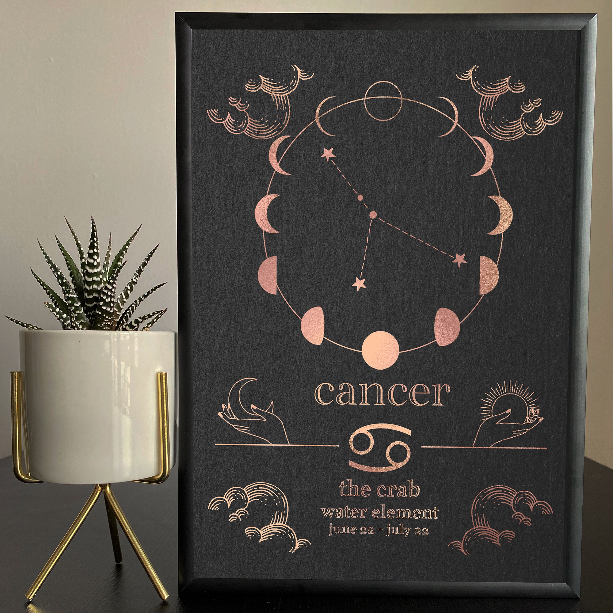 A framed Cancer zodiac star sign foil print, featuring celestial-themed graphics and the crab symbol, displayed on a table next to a potted plant.