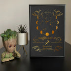 Sagittarius zodiac art print with gold constellation, moon phases, and fire element details on black background