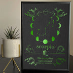 Scorpio zodiac art print with moon phases, constellation, and water element design in green on black