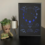 Aries zodiac art print with moon phases, fire element, and constellation design in blue on black background