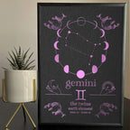 Gemini zodiac art print with moon phases, constellation, and twin symbols in purple on black background