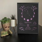 Taurus zodiac art print with moon phases, constellation, and earth element details in purple on black